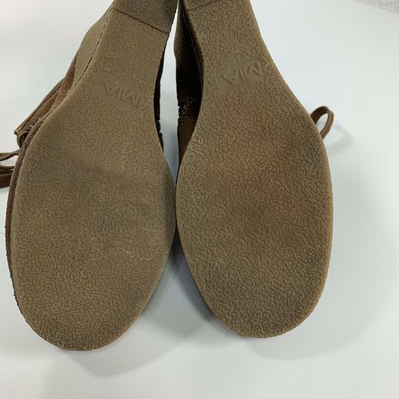 MIA Hazel Boot Brown Suede Leather Tassle Lace Up Wedge Bootie Size 7.5 M - Picture 8 of 12